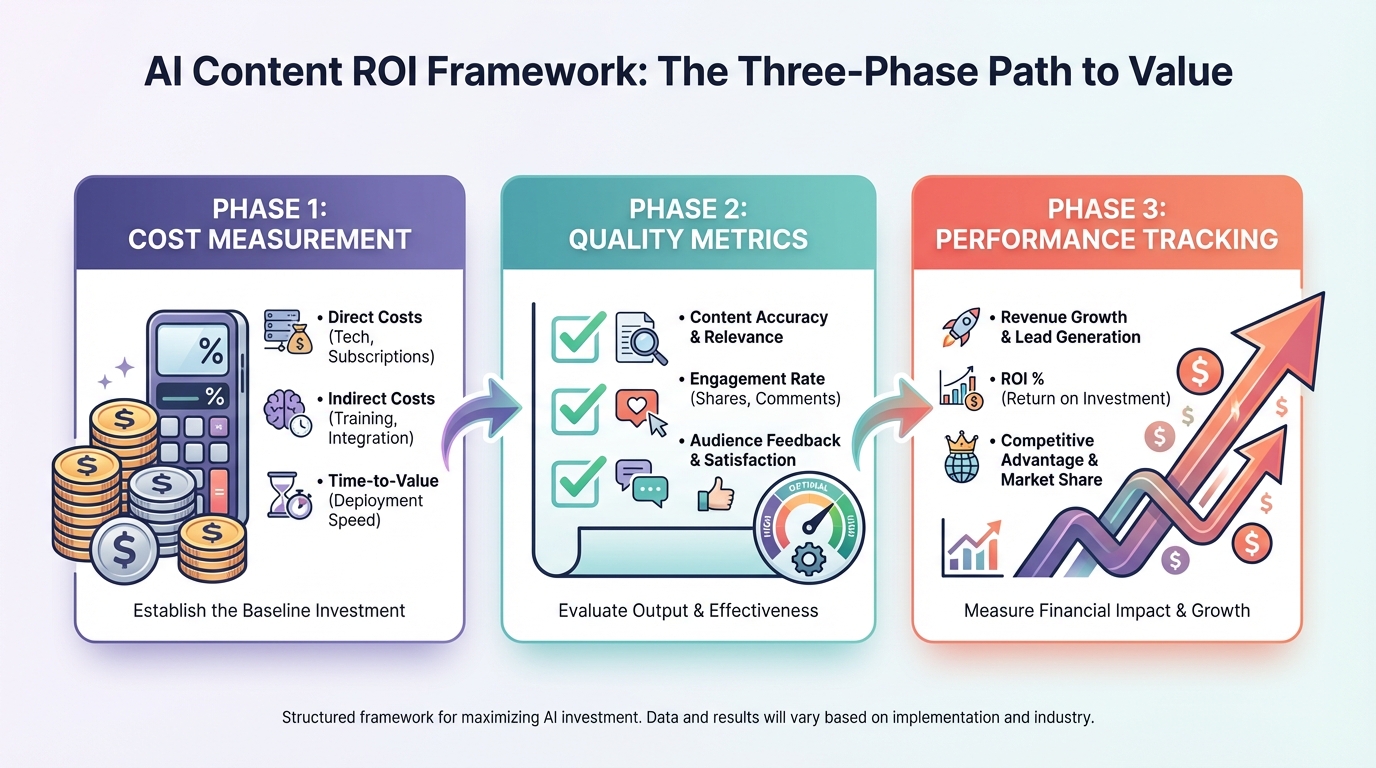 Three-phase AI content ROI framework showing cost measurement, quality metrics, and performance tracking