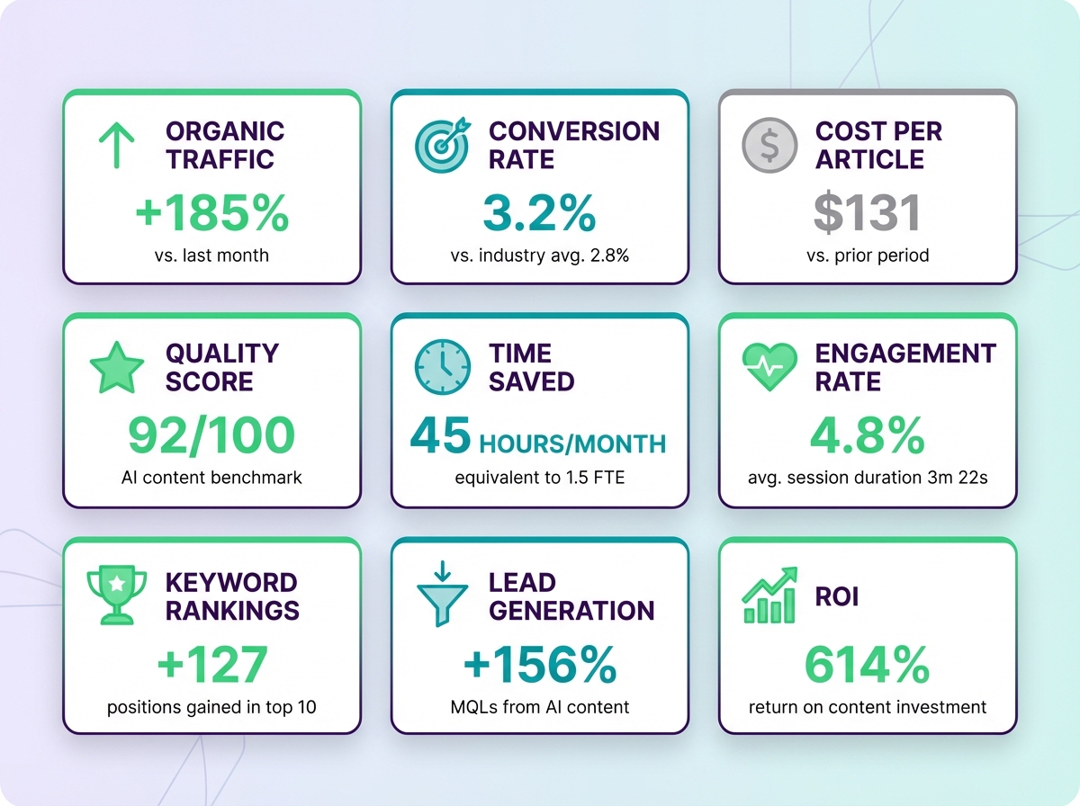 Key performance indicator grid showing 9 essential metrics for AI content measurement