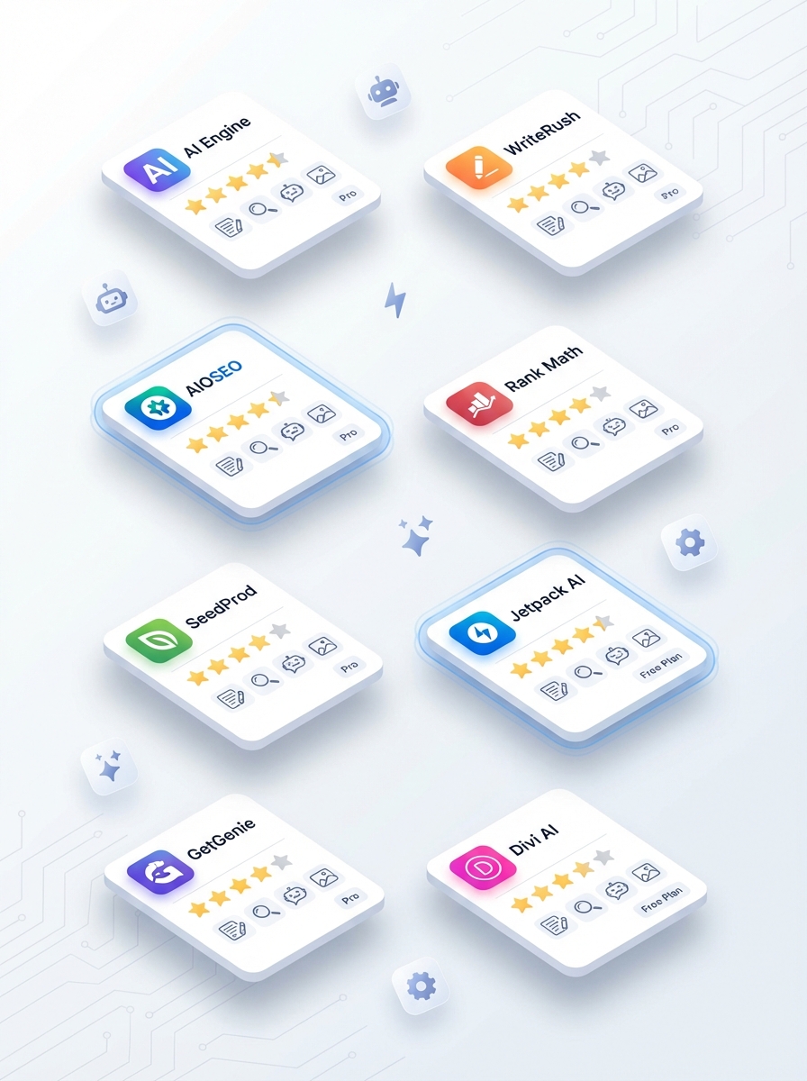 Grid comparison of top 8 WordPress AI plugins including AI Engine, WriteRush, AIOSEO, and Rank Math