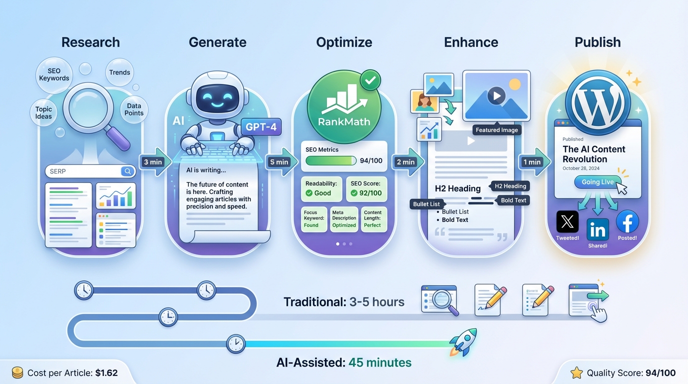 AI-powered WordPress content workflow showing research, generation, optimization, and publishing stages