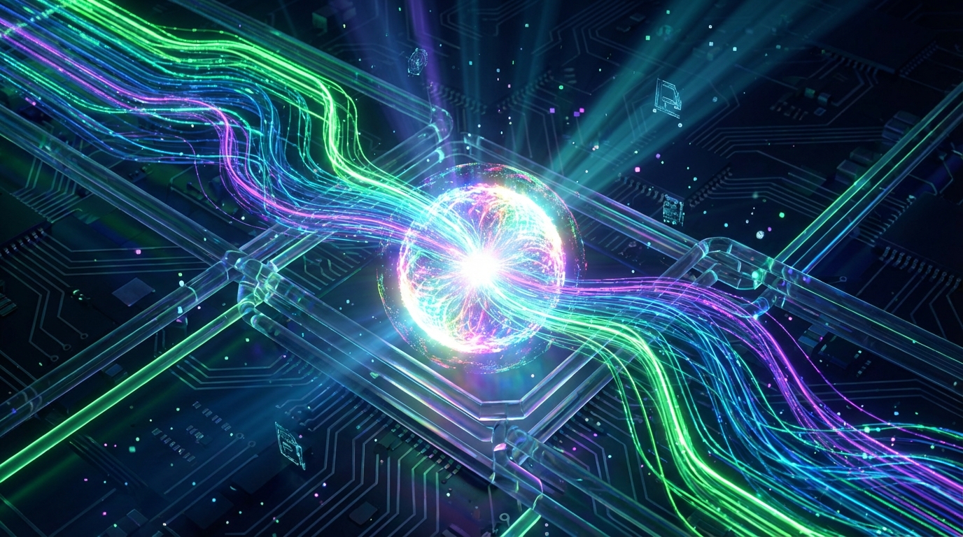 Abstract AI neural network visualization showing data streams converging into unified sphere