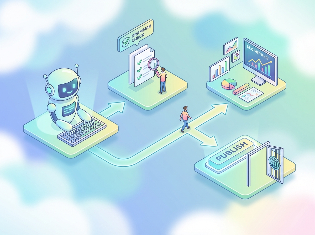 Isometric content creation pipeline showing AI writing, grammar check, SEO optimization, and publishing stages