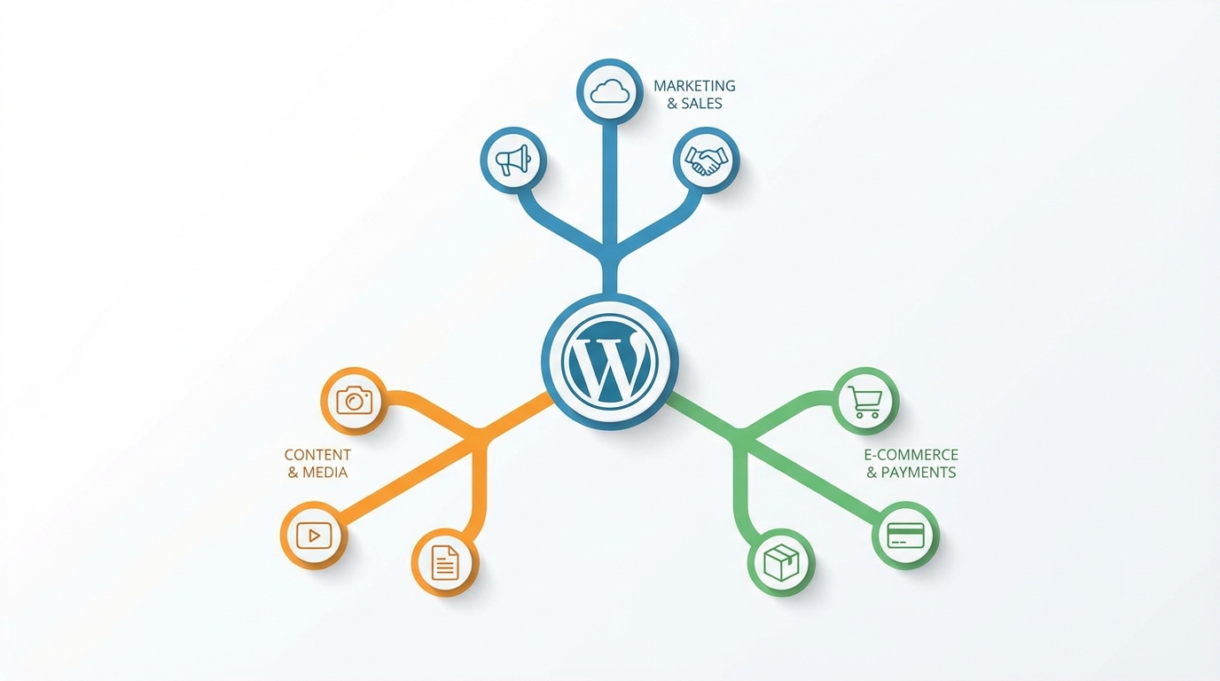 Diagram showing three WordPress AI integration pathways: native plugins, automation platforms, and REST API