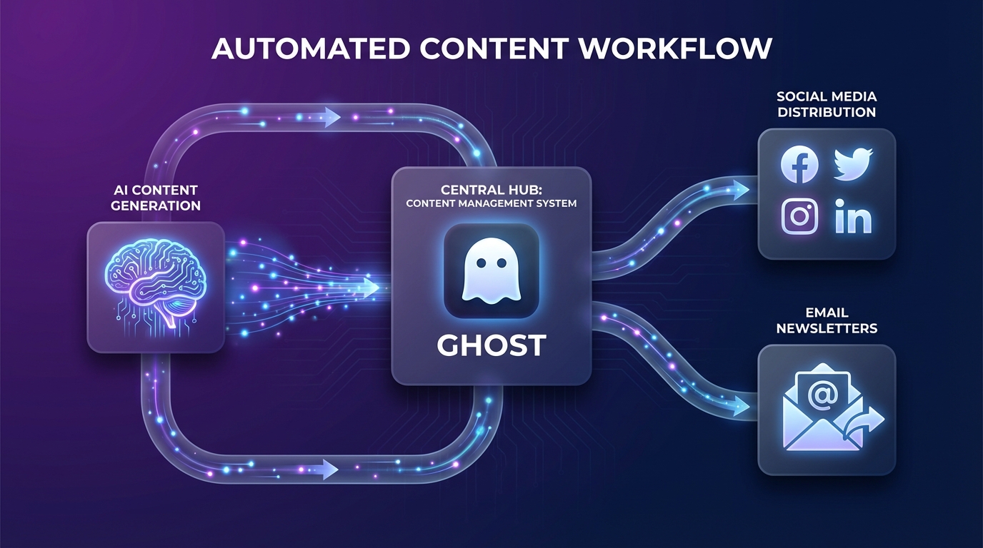 Technical architecture diagram showing AI content workflow with Ghost CMS as central hub