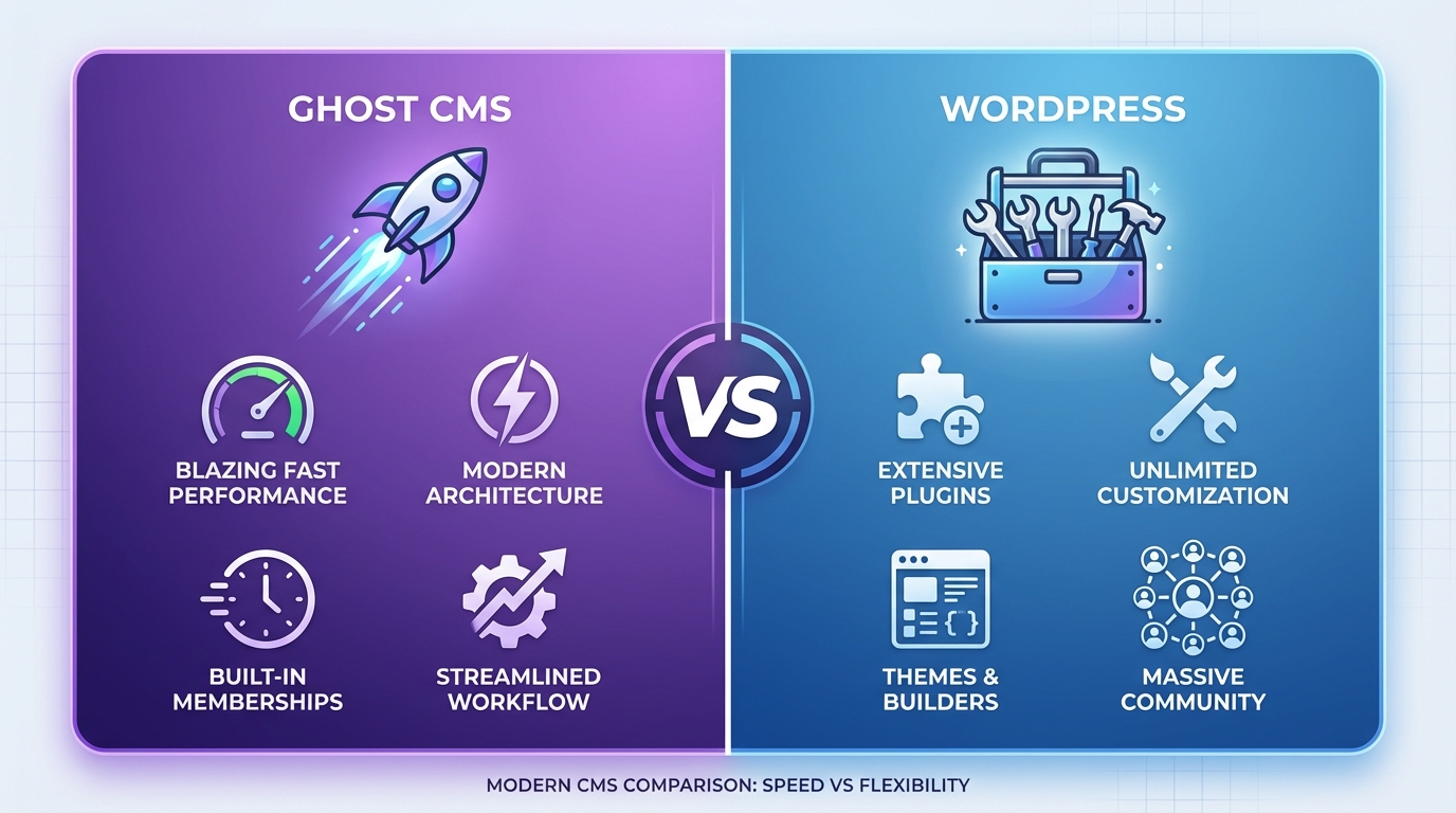 Split-screen comparison infographic of Ghost CMS vs WordPress for AI content automation