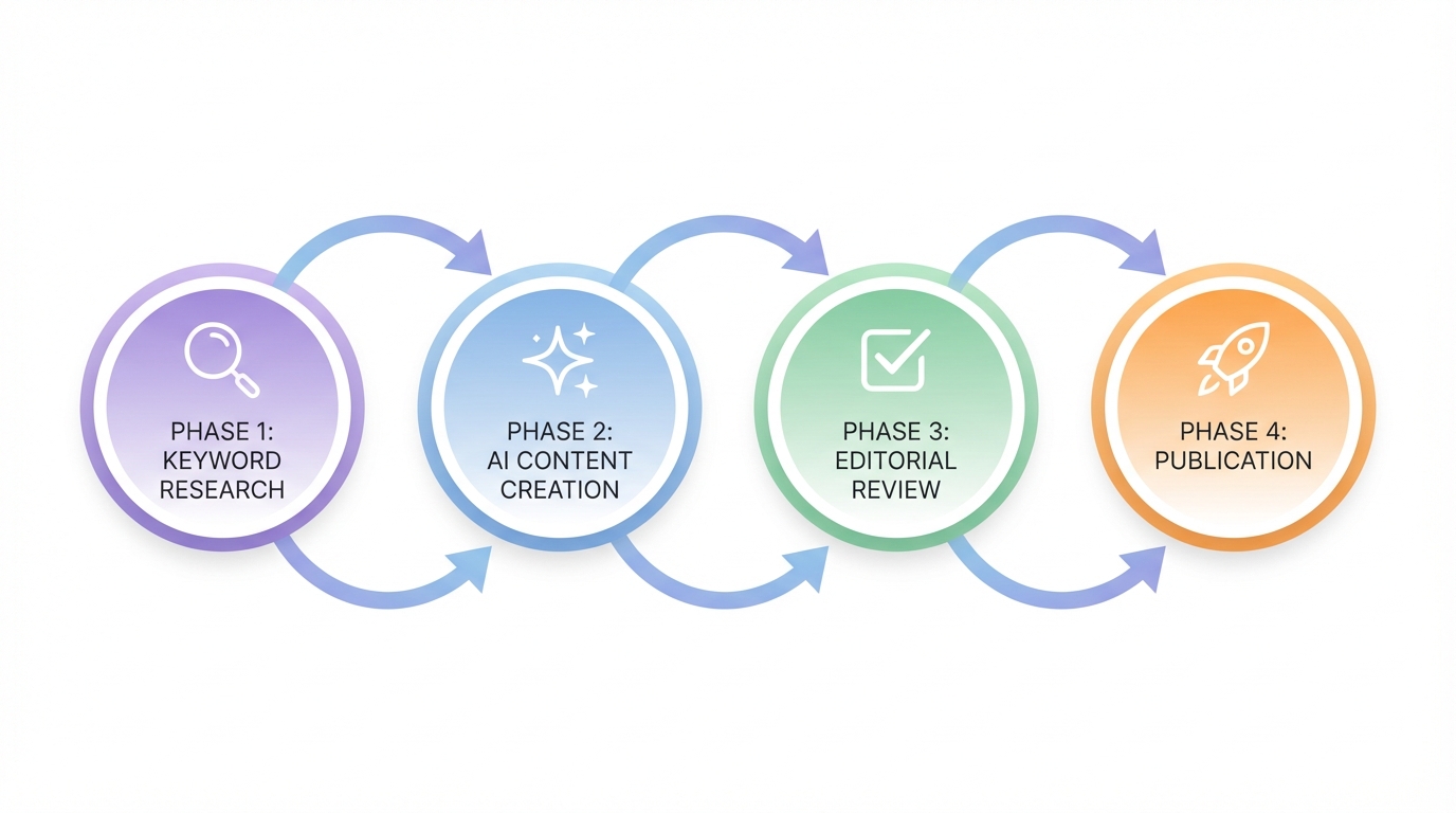 Four-phase content publishing workflow diagram showing keyword research, AI creation, editorial review, and publication