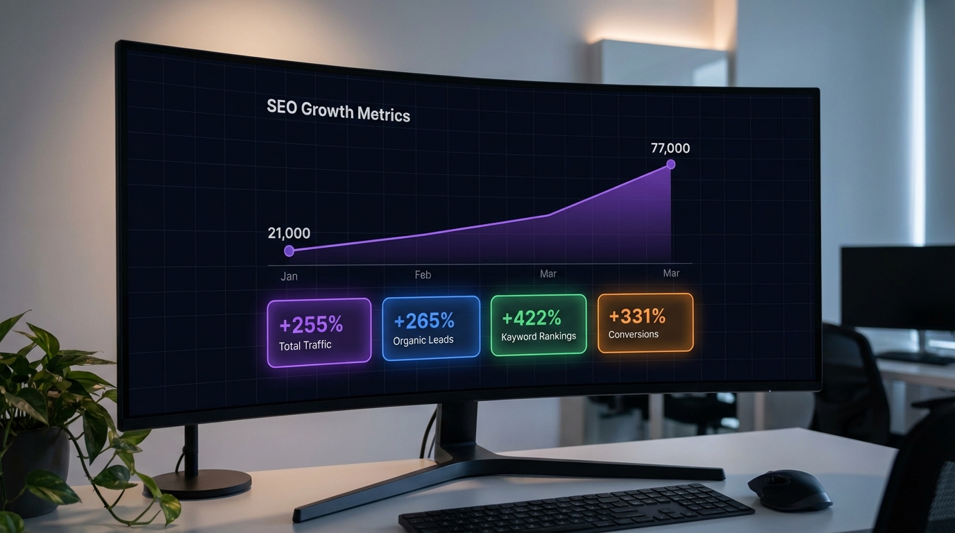 Analytics dashboard showing 255% traffic growth and SEO ranking improvements over 3 months